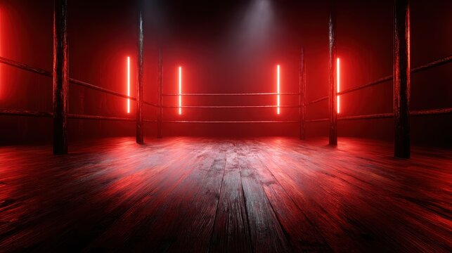 An empty boxing ring illuminated with dramatic red lighting sets the perfect stage for an intense match, symbolizing competition, strength, and determination in the sport.