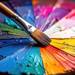 Fototapeta premium Artist's paintbrush resting on a vibrant color wheel