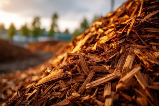 Close-up view of a massive pile of dry, organic wood mulch displaying intricate textures and earthy tones, perfect for landscaping inspiration.
