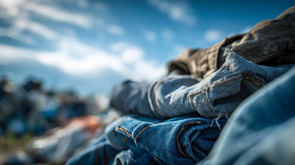 Stacked denim jeans and assorted clothing lying outdoors on a sunny day with a blurred background capturing discarded textiles and sky above