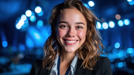 Fototapeta premium A cheerful young woman with wavy hair is smiling confidently against a softly lit backdrop, showcasing her professionalism and positive demeanor in a corporate setting.