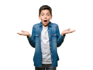 Surprised young boy with a shocked expression and outstretched hands, wearing a blue denim shirt, portraying wonder and disbelief, isolated on transparent background.