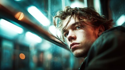 A contemplative young man is seen staring pensively out of a subway window, reflecting a moment of solitude among the city’s hustle and bustle.