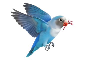 Isolated blue lovebird flying with twig, vector artwork for Valentine's Day or peace concept
