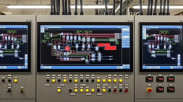 Industrial Automation Control Panel with Multiple HMI Screens.