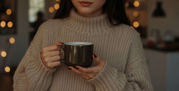 Cozy Winter Coffee Mug Mockup with Woman in Warm Sweater