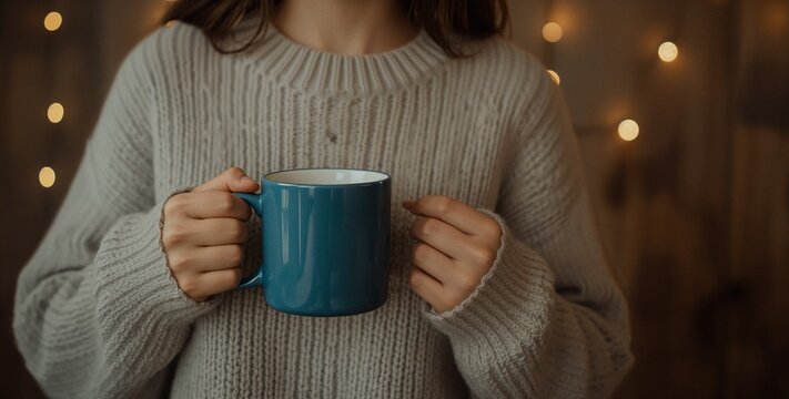 Cozy Winter Coffee Mug Mockup with Woman in Warm Sweater