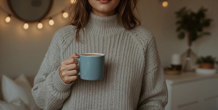 Cozy Winter Coffee Mug Mockup with Woman in Warm Sweater