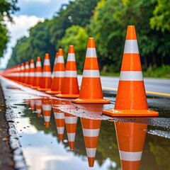 Orange traffic cones in a row, reflected in a puddle on a road