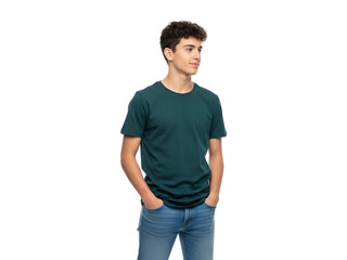 Casual young man with curly hair wearing a dark teal t-shirt and blue jeans, standing with hands in pockets and looking thoughtfully to the side, isolated on transparent background.