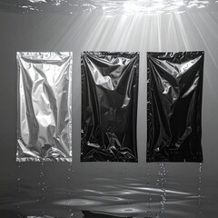 Three plastic packaging bags, silver, black, and black, float underwater, bathed in sunlight