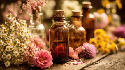 Closeup of botanical ingredient stands emphasizing herbal extracts with delicate flowers and leaves gently out of focus surrounding the central bottles.