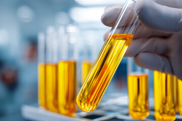 Scientist examining bright yellow liquid in test tube with blurred laboratory glassware in background, focusing on chemical research and analysis