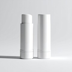 Two blank, white, cylindrical lipstick tubes, positioned side-by-side, against a bright white backdrop.  Slight shadowing suggests a studio light source