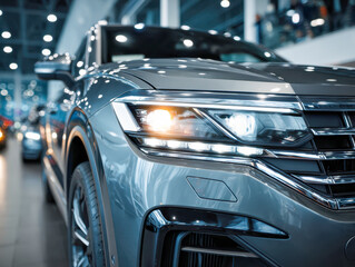 Modern metallic gray car with headlights on displayed in a brightly lit showroom surrounded by other vehicles and reflective surfaces