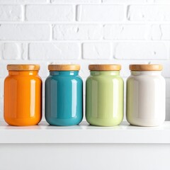Four colorful ceramic jars with wooden lids