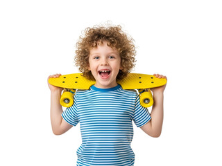 Happy Curly-Haired Boy Holding a Bright Yellow Skateboard with a Cheerful, Energetic Smile, isolated on transparent background, Representing Childhood Fun and Active Lifestyle.
