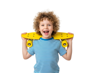 Happy Curly-Haired Boy Holding a Bright Yellow Skateboard with a Cheerful, Energetic Smile, isolated on transparent background, Representing Childhood Fun and Active Lifestyle.