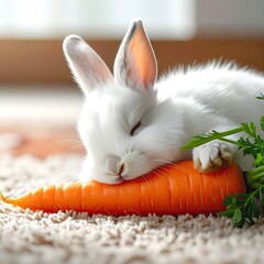 Tiny white rabbit sleeping soundly, nestled on an orange carrot