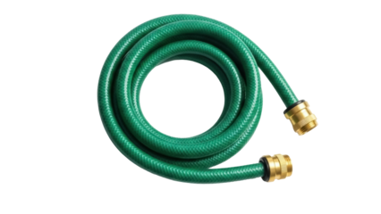 Isolated green garden hose coiled with brass couplings, gardening irrigation equipment