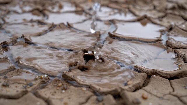 Water drops falling on cracked dried mud surface