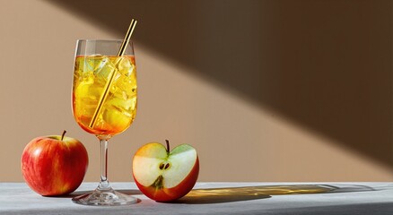 Minimal still life of a fresh green apple cocktail in a coupe glass with sliced apples, soft sunlight and clean shadows, modern lifestyle drink concept, healthy refreshment and elegance.