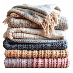 Stack of folded knit blankets and sweaters in various muted colors