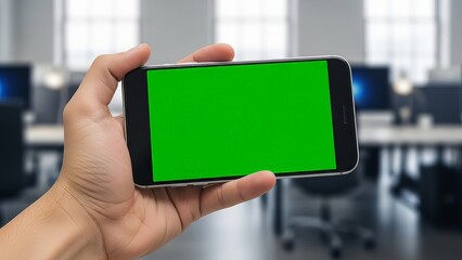 Person's Hand Holding a Smartphone with Green Screen Horizontal