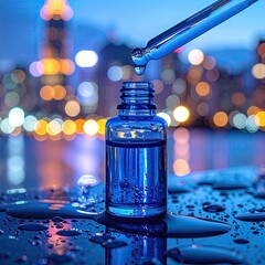Blue cosmetic bottle, dropper, city lights, night