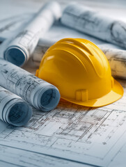 Yellow safety helmet resting on architectural blueprints surrounded by rolled construction plans illustrating detailed engineering and building design work
