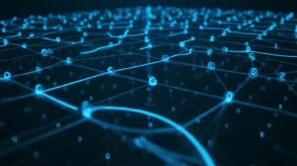 Abstract glowing blue digital network connections forming an intricate web, symbolizing global data flow, modern technology, AI, and interconnected communication systems in a dynamic futuristic design - Powered by Adobe