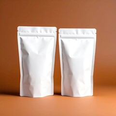 Two identical white stand-up pouches on a burnt orange background.  The pouches have a glossy, slightly wrinkled surface and a reclosable zipper