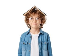 Clever young boy with curly ginger hair and round glasses balancing a book on his head, gazing thoughtfully upward, isolated on transparent background.