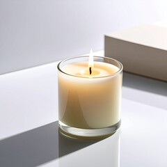 A round, glass candle burns brightly