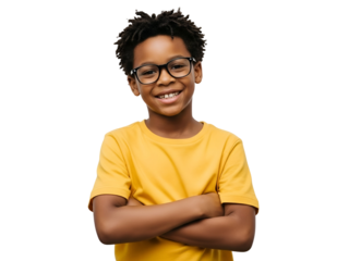 Cheerful African American schoolboy with dreadlocks and glasses, wearing a yellow t-shirt, smiling confidently with arms crossed, isolated on transparent background.