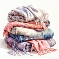 Stack of colorful blankets, soft and cozy (1)