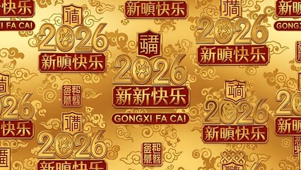 Chinese new year 2026 seamless pattern with gold and red decorations featuring gong xi fa cai and clouds, festive background for lunar new
