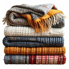 Stacked knitted blankets and sweaters in various autumnal colors