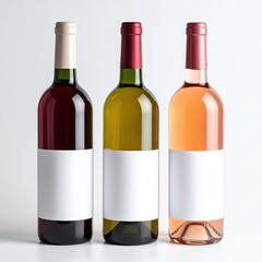 Three wine bottles, each with a blank label, in red, yellow-green, and light pink
