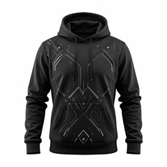 Black hoodie with a graphic design of intersecting lines and shapes
