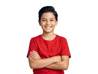 Happy Smiling Young Boy in Red T-Shirt Posing with Arms Crossed, Exuding Confidence and Joy, Isolated on Transparent Background