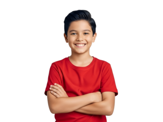 Happy Smiling Young Boy in Red T-Shirt Posing with Arms Crossed, Exuding Confidence and Joy, Isolated on Transparent Background