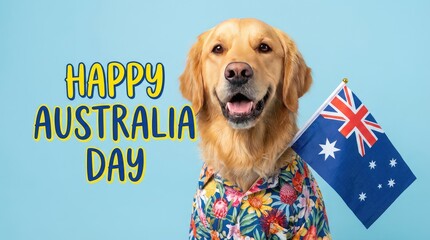 Happy australia day cheerful golden retriever wearing a floral shirt holding an australian flag with a big smile