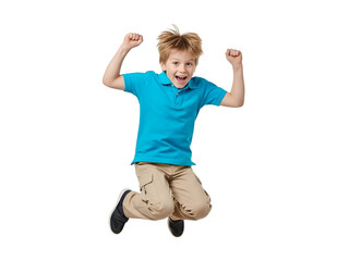 Energetic blond boy in blue polo shirt and khaki pants jumping with fists raised, celebrating success and happiness, isolated on transparent background.