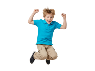 Energetic blond boy in blue polo shirt and khaki pants jumping with fists raised, celebrating success and happiness, isolated on transparent background.