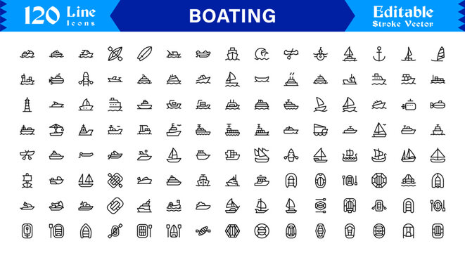 Boating Line Icon Collection Featuring Minimal Nautical Vessels and Marine Elements, Professional Vector Pack with Clean, Unique Designs for Premium Visual Appeal