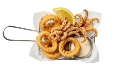 Isolated calamari rings with dipping sauce and a lemon slice in a metal basket tray