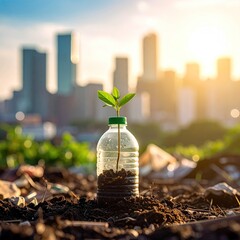 A small plant sprouts from a recycled plastic bottle in the midst of urban debris.  Sunrise illuminates the scene behind city buildings