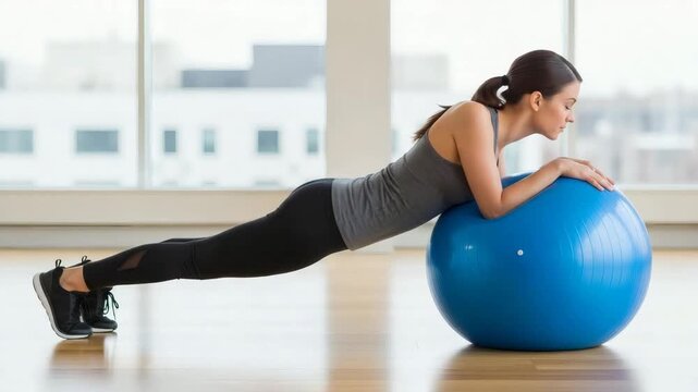 Focused athletic woman exercising on stability ball with determined mood performing core workout against bright gym interior with copy space