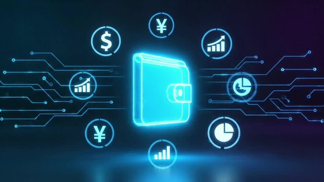 Digital Wallet and Fintech Ecosystem Concept Displaying Secure Online Transactions, Glowing Financial Icons, and Data Management on a Futuristic Circuit Network Background